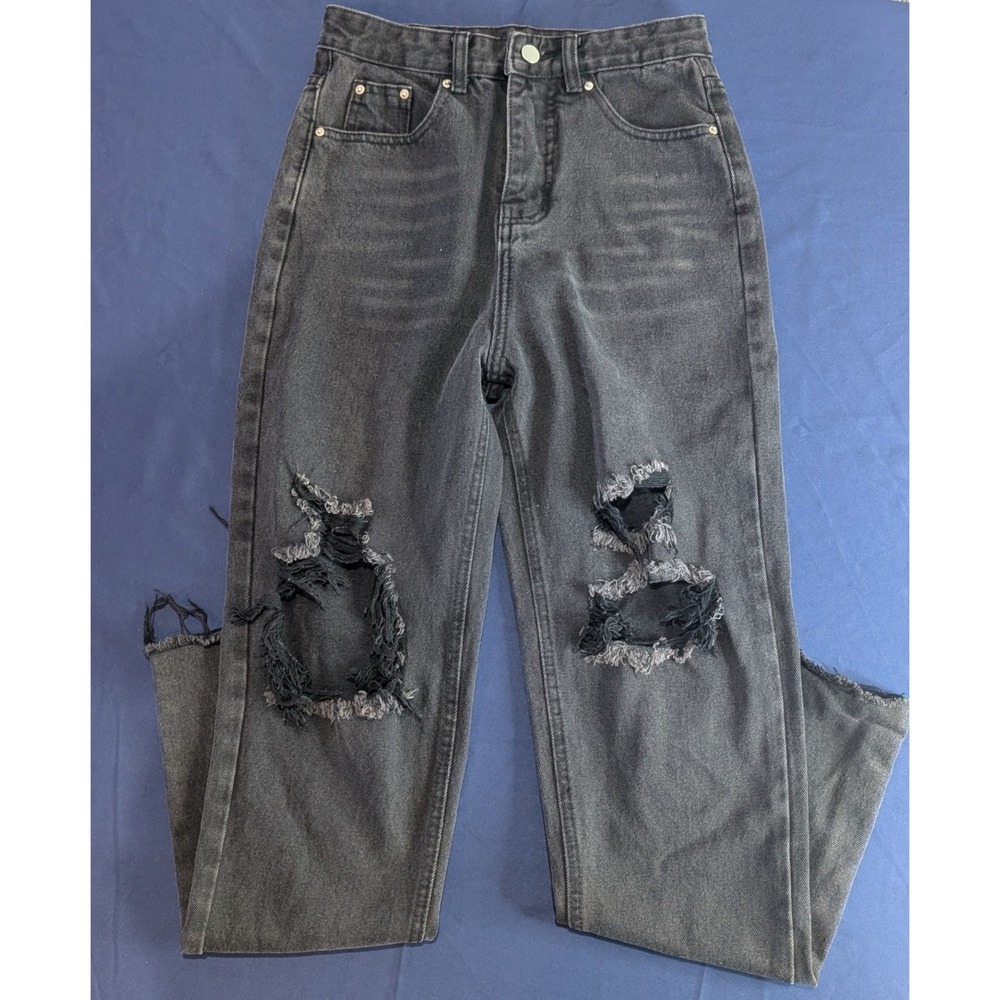 Shein XS Women's Distressed Black‎ Denim Jeans Ripped High Waist Straight Leg